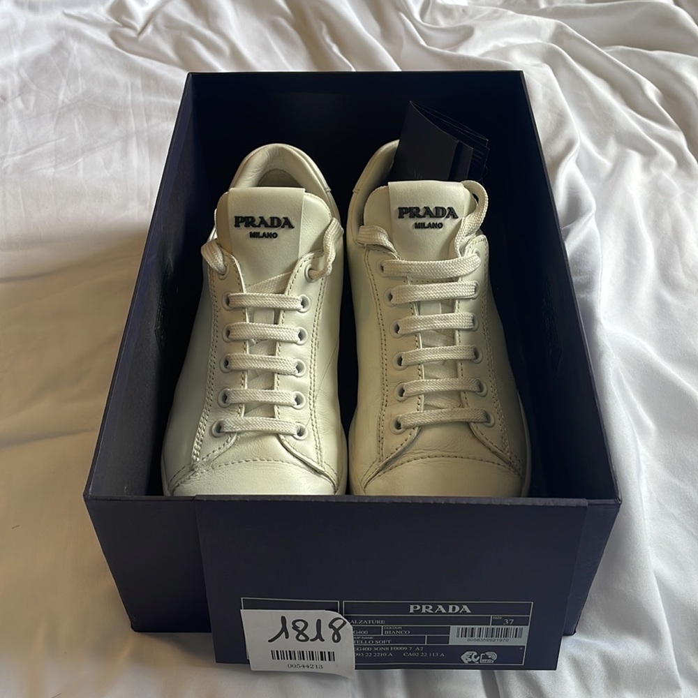Prada Calzature Vitello Soft Bianco White Leather Sneaker Size 37
